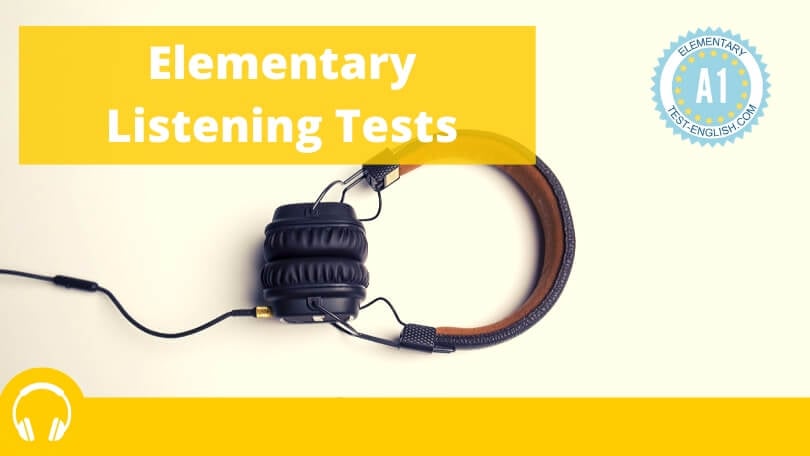 Black headphones on a white background, featuring the text 'Elementary Listening Tests' and an A1 Elementary badge.