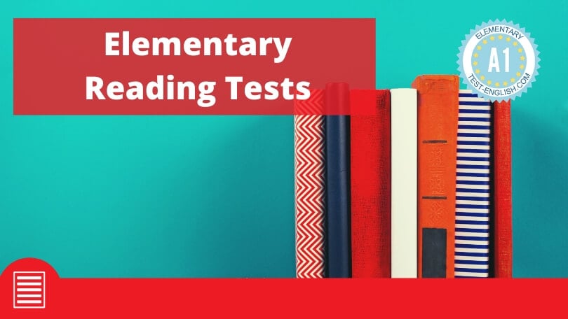 Colorful books lined up against a turquoise background, featuring the text 'Elementary Reading Tests' and an A1 Elementary badge.