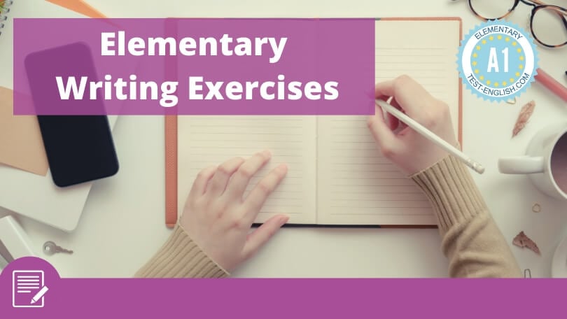 Person writing in a notebook at a desk, featuring the text 'Elementary Writing Exercises' and an A1 Elementary badge.