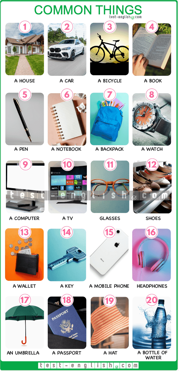 Infographic of 20 common items including a house, car, bicycle, book, and more for A1 English vocabulary learning.