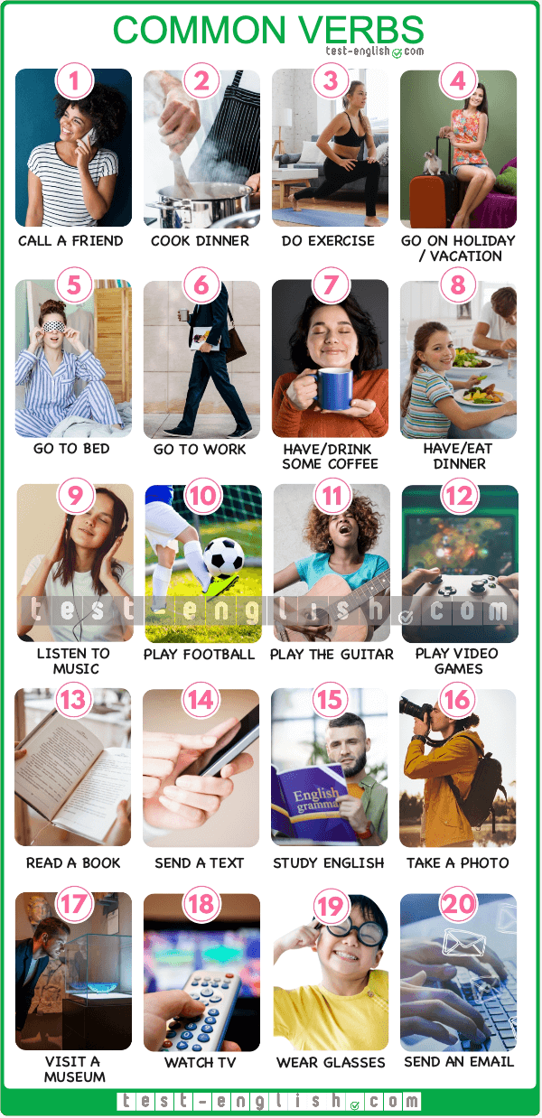 Infographic showing 20 common verbs and activities like 'call a friend' and 'cook dinner' for A1 English vocabulary.