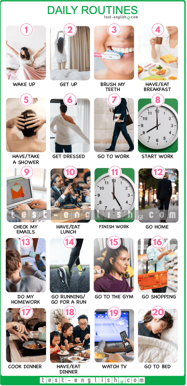 Visual guide to daily routines vocabulary for A1 English learners.