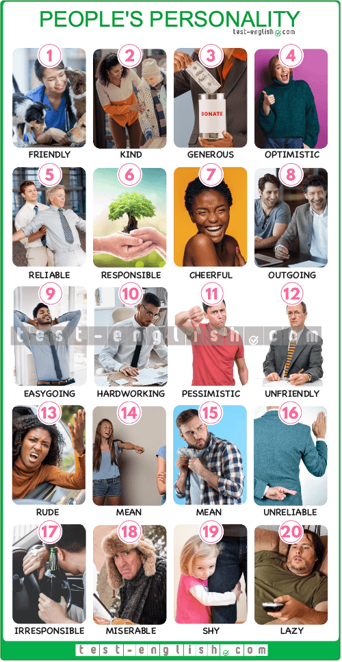 Chart with pictures and labels featuring personality adjectives like friendly, kind, and lazy for English learners.