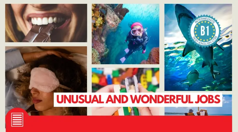 Collage of unusual and wonderful jobs including a chocolate consultant, scuba diver, shark tank cleaner, LEGO sculptor, and professional sleeper, representing the diverse careers featured in the B1 English reading test.