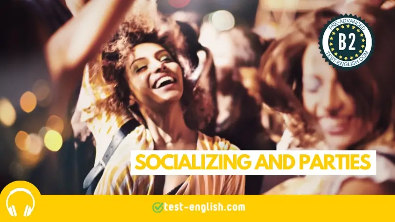 A smiling woman dancing at a lively party, representing socializing and parties for a B2 English listening test on test-english.com.