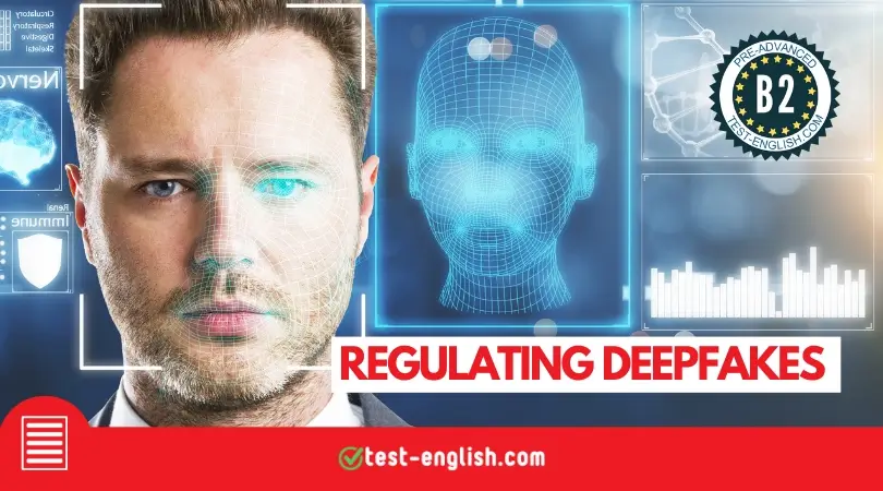 Man's face with digital overlay, labeled 'Regulating Deepfakes,' representing a B2 pre-advanced reading test.