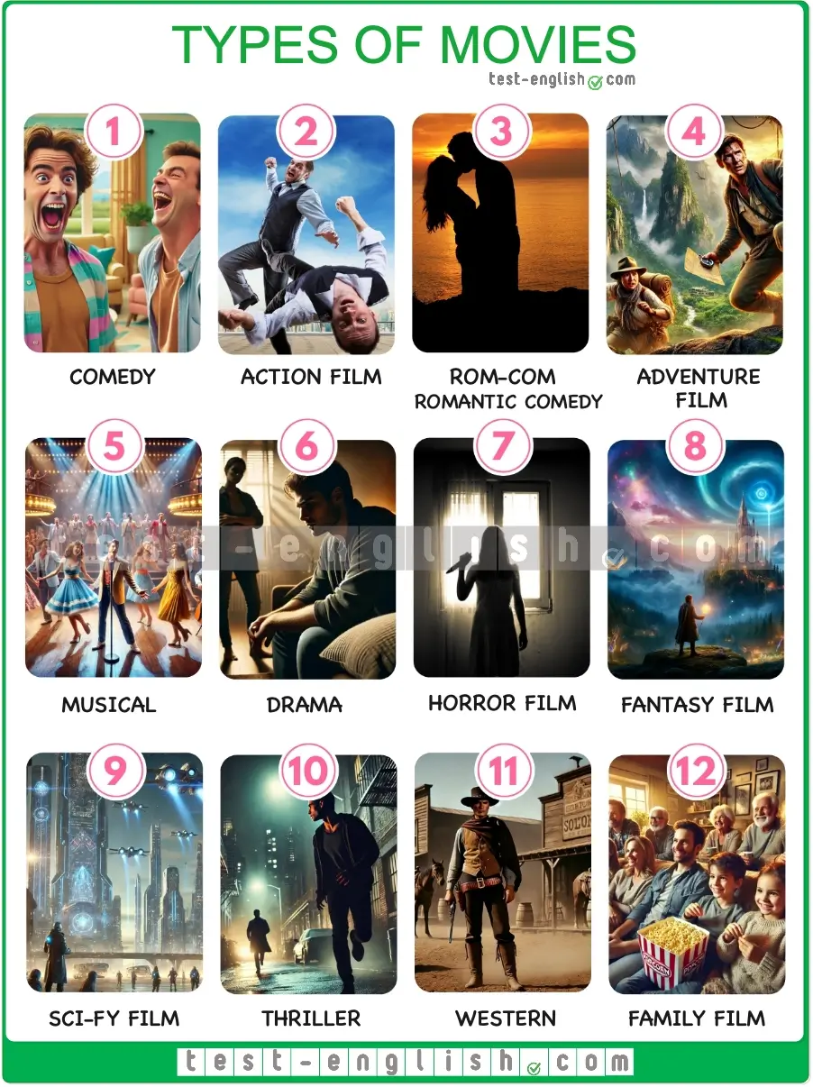 Types of movies vocabulary chart showing 12 movie genres, including comedy, action film, romantic comedy, adventure film, musical, 